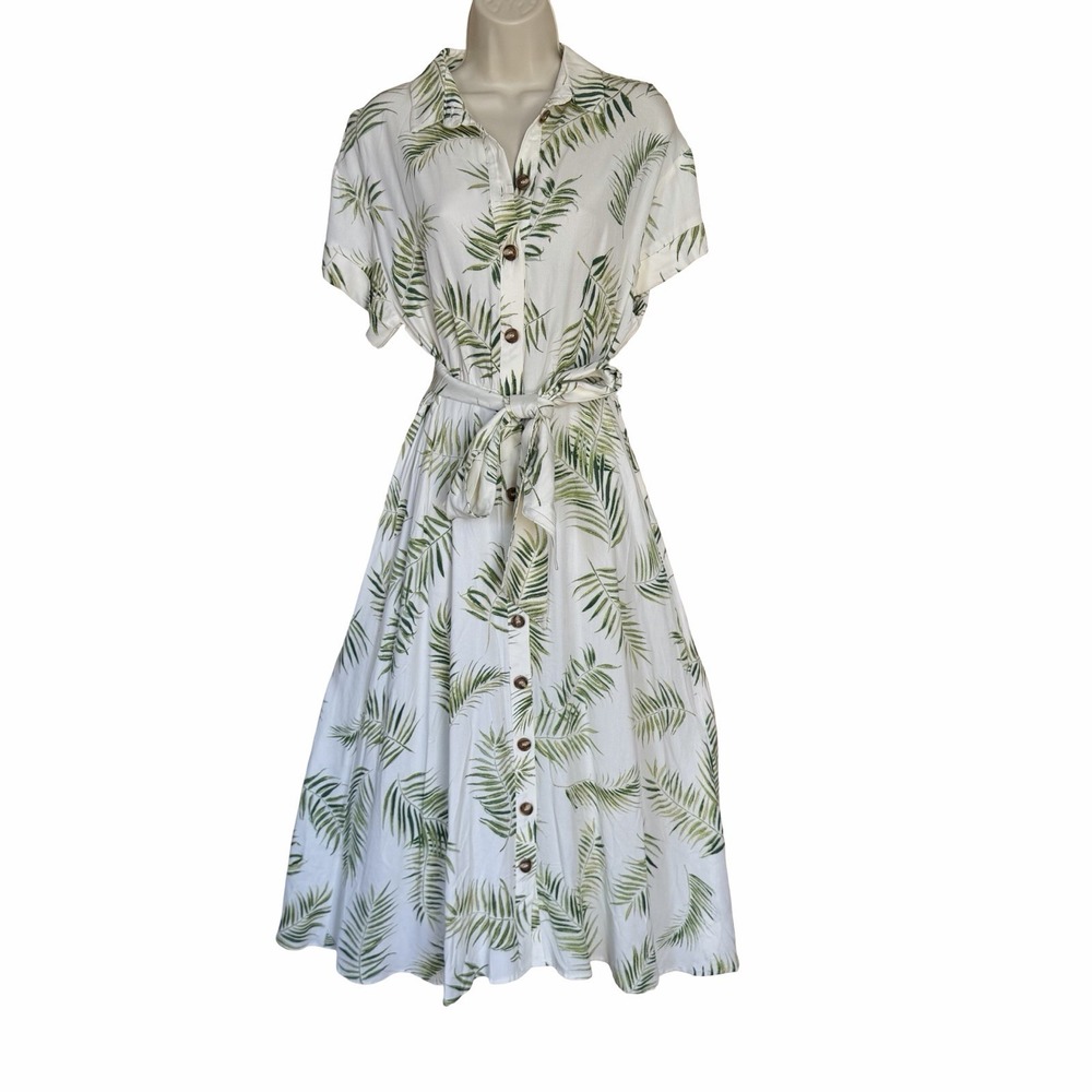 H&M Palm Leaf Button Front Midi Dress Sz 6 Tropical Belted Beachy Vacay Cruise